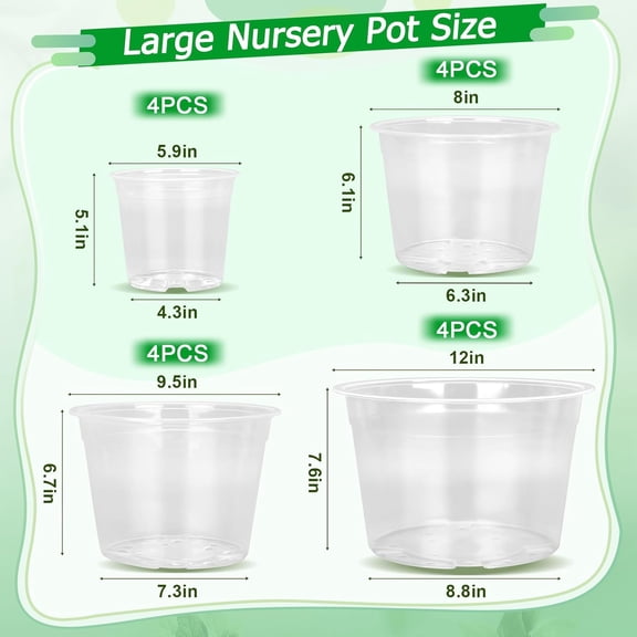 FUIJOL 16 Pack Clear Nursery Pots with Drainage - 6/8/10/12 Inch Large Plant Pots for Seedlings, Succulents, Flowers & Vegetables