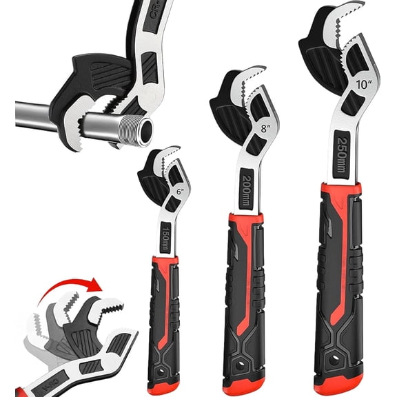 6” 8” 10” Multi-function Self-locking Pipe Wrench Set, Chromium Vanadium Steel,Plumbers Wrench with Self Tightening Function for 9/32”-1 3/8” (7-35mm) Pipe Fittings and Nuts (1set)