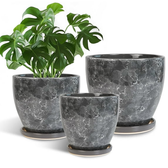 6+8+10 inch Ceramic Planter Set - Modern Pots with Drainage Hole for Orchids & Live Houseplants Housewarming Gift for Women Grey Gemstone