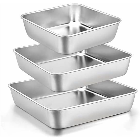 6/8/9-Inch Square Cake Pan Set, Stainless Steel Square Baking Brownie Pans Metal Bakeware Set of 3, Non-toxic & Healthy, Easy Clean & Dishwasher Safe