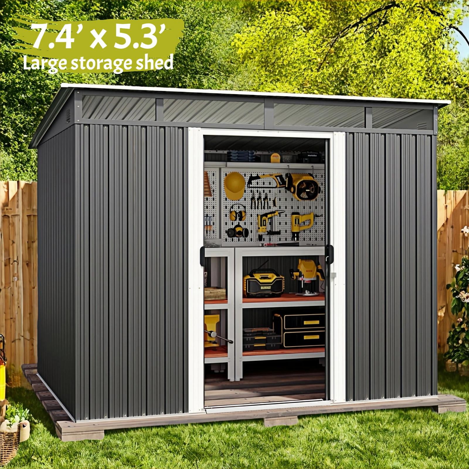 7’x 5’ Outdoor Storage Shed, Metal Storage Shed with Lockable Sliding Doors & Sloping Roof for Tool | Garbage Can | Bike | Mower, Dark Gray