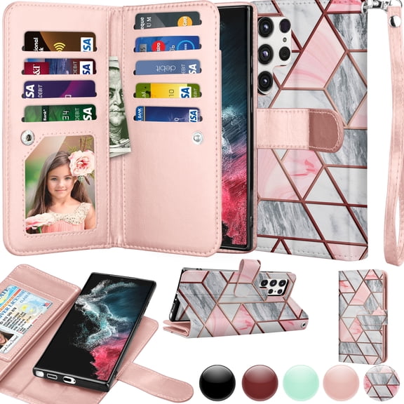 6.8" Galaxy S22 Ultra 5G Wallet Case, Samsung Galaxy S22 Ultra 5G 2022 PU Leather Case, Njjex Luxury PU Leather 9 Card Slots Holder Carrying Folio Flip Cover Kickstand & Hand Strap-Marble