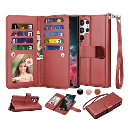 6.8" Galaxy S22 Ultra 5G Wallet Case, Samsung Galaxy S22 Ultra 5G 2022 PU Leather Case, Njjex Luxury PU Leather 9 Card Slots Holder Carrying Folio Flip Cover Kickstand & Hand Strap