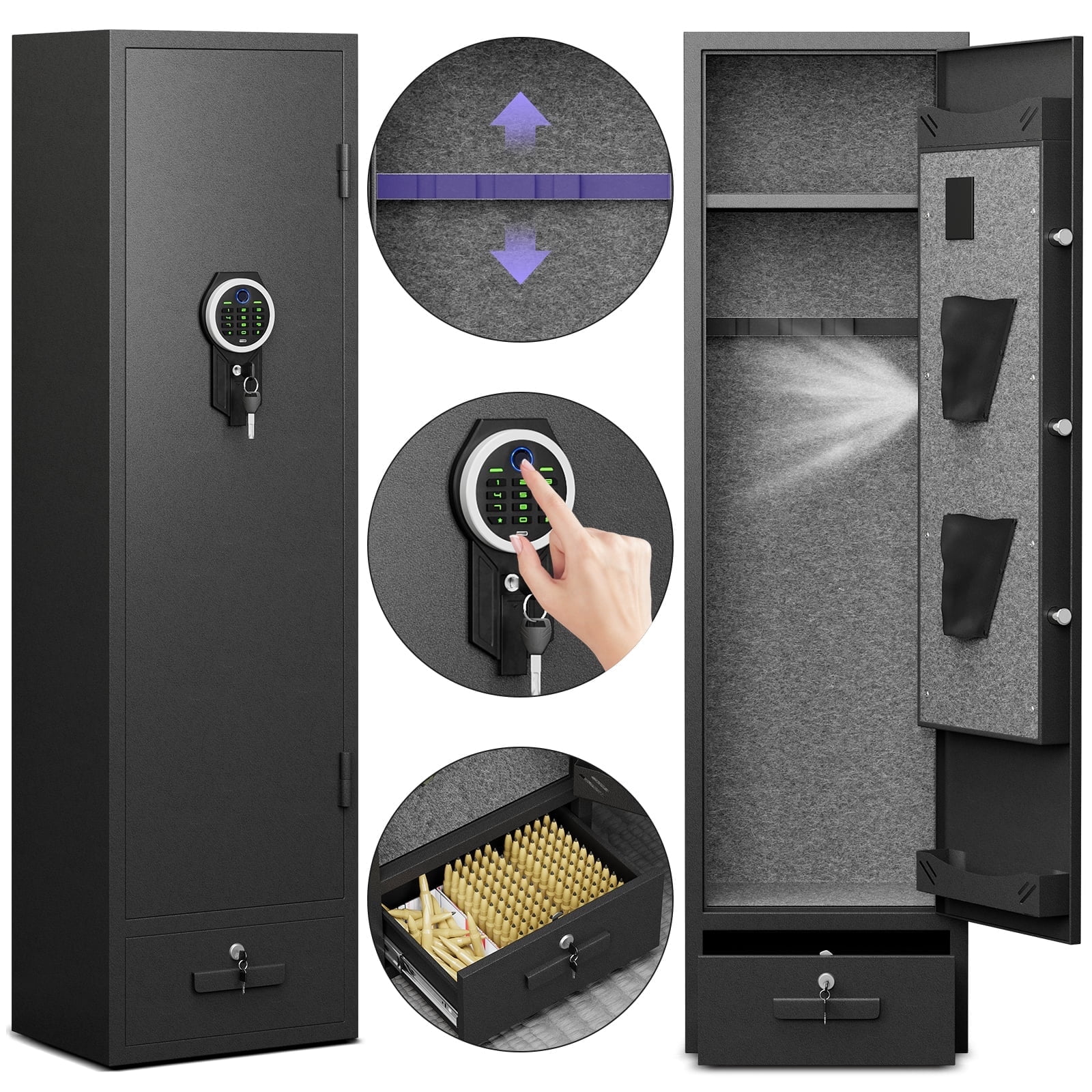6-8 Gun Safe For Domestic Rifles And Pistols Gun Cabinet,With Backlit Keyboard And Dual Led Lights, Pockets And Removable Shelves