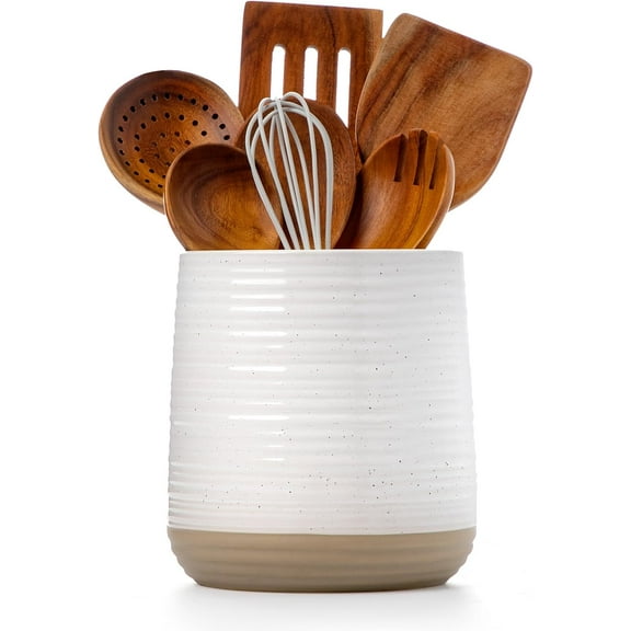 6.8 Inch Large Ceramic Utensil Crock Farmhouse Style Countertop Organizer White