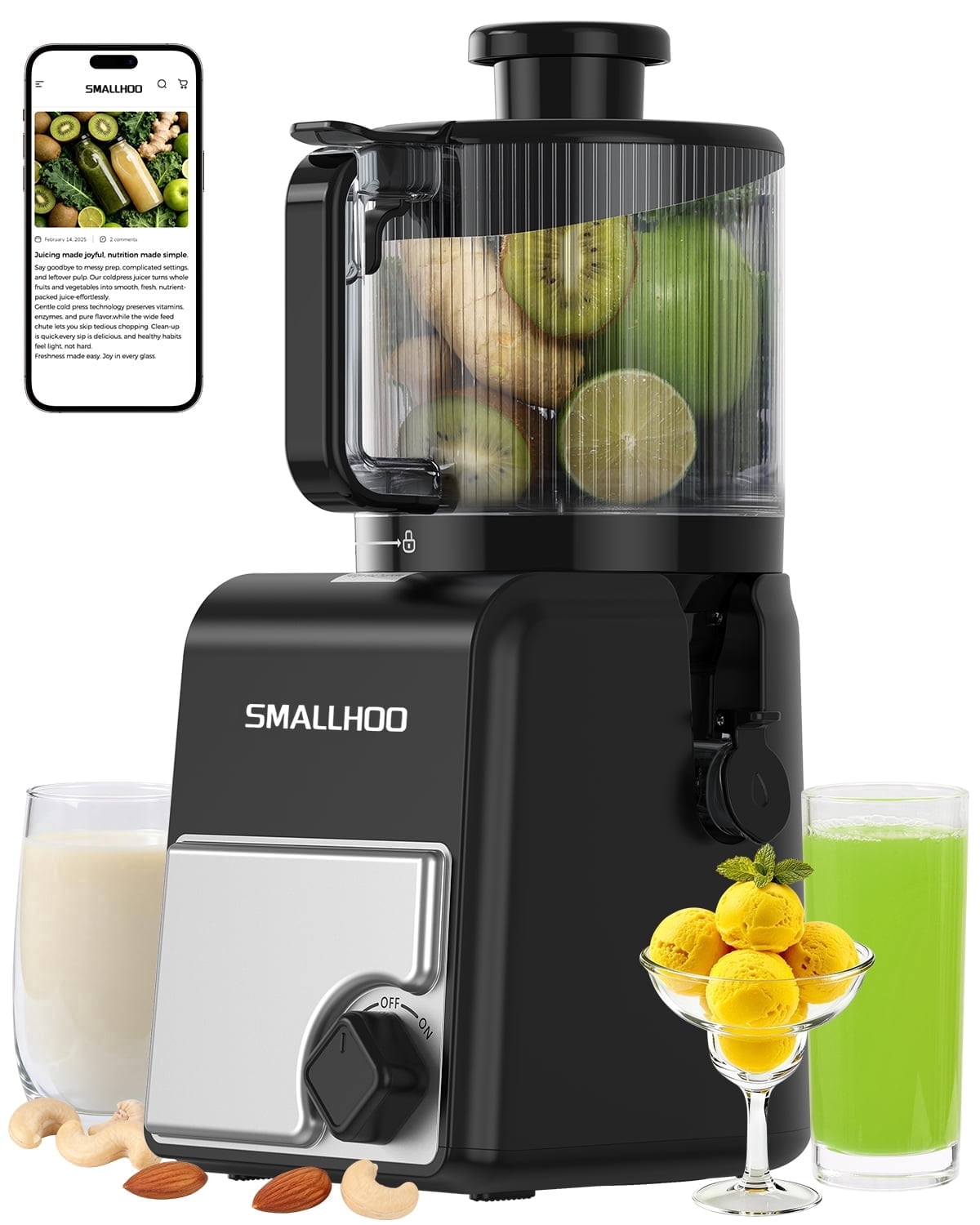 SMALLHOO Juicer Machines 6.5" Extra Wide Chute, 3-in-1 for Juice, Sorbet & Nut Milk, Cold Press Juicer for Whole Fruit, Quiet, Easy to Clean & BPA-Free