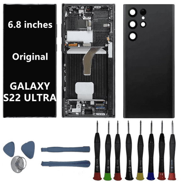 6.8" Original AMOLED for Samsung Galaxy S22 Ultra Display Touch Screen Digitizer Assembly S22Ultra 5G SM-S908U SM-S908B SM-S908E Screen Replacement (with Black Frame+Back Cover+Tools)