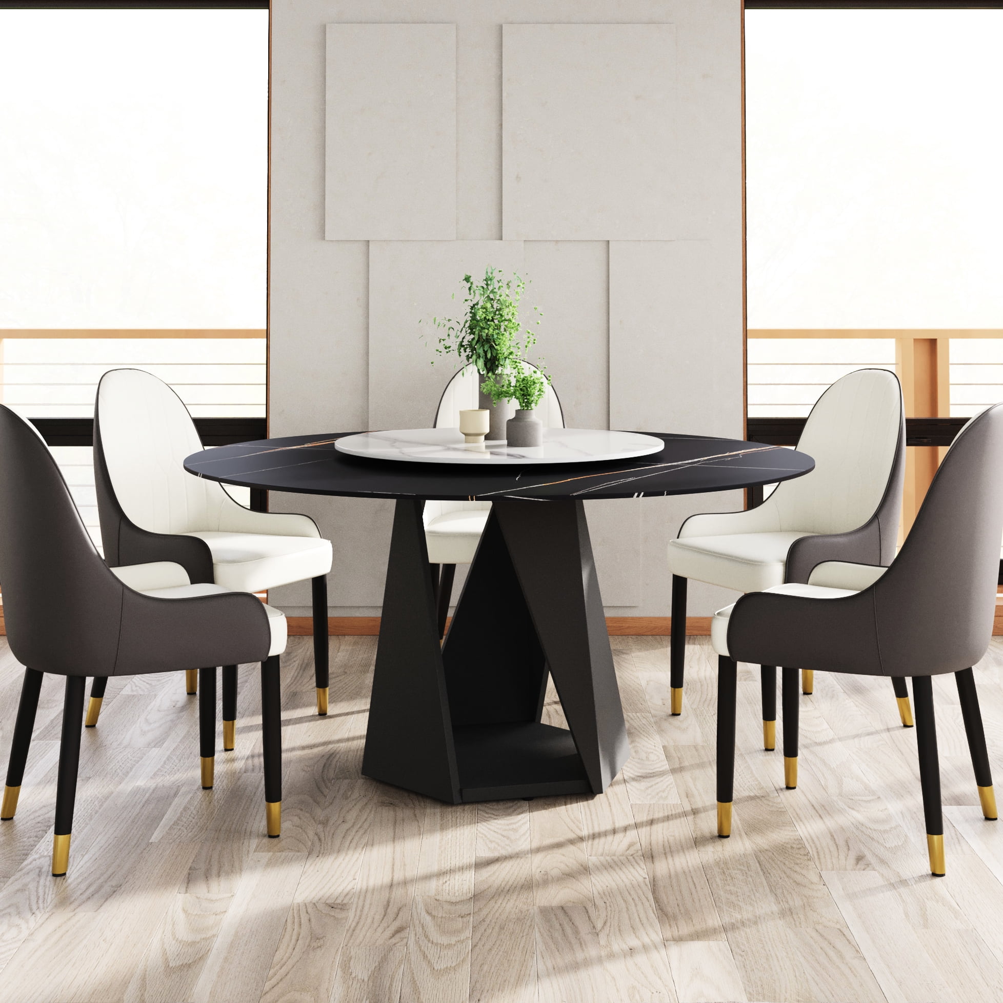 6-8 People Round Dining Table, 60.11" Sintered Stone With Black Metal ...