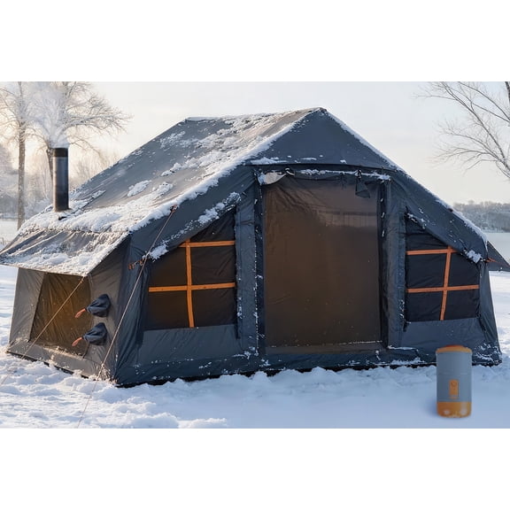6-8 Person Inflatable Camping Tent with Stove Jack & Dual AC Vents 4 Season Waterproof Family Cabin Tent, Quick 5-Minute Setup with Pump, Detachable TPU Winter Window