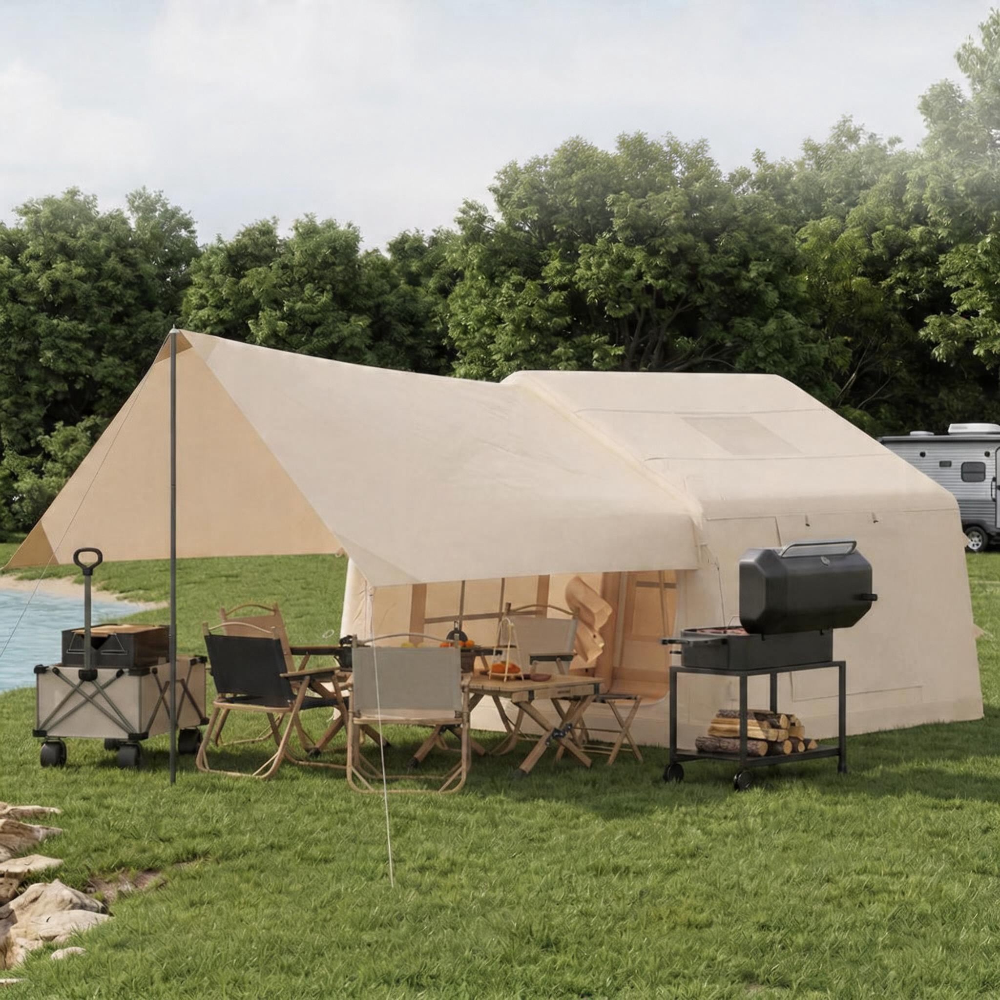 6-8 Person Inflatable Glamping Tent, Easy Setup Blow-Up Tent with Skylight, Stove Jack & Air Pump, Waterproof Oxford Air Tent for Camping