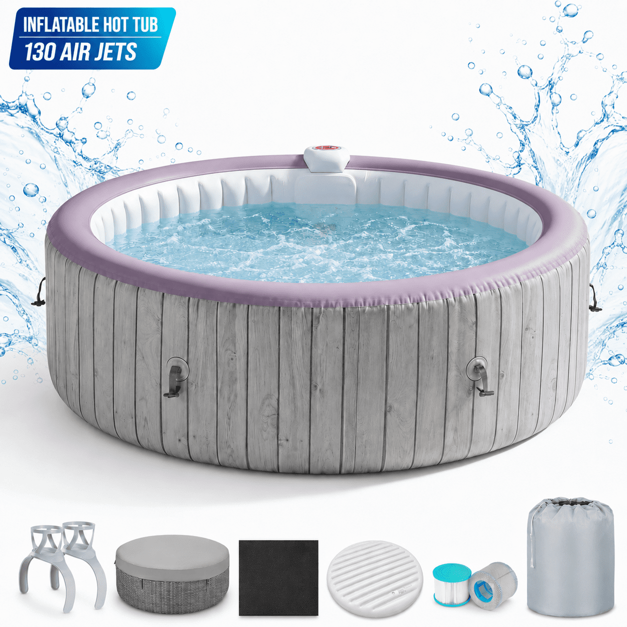 6-8 Person Portable Hot Tub, 82in Inflatable Home Spa Tub with Cup Holders, 4 Filters, 130 Massage Jets, Patio Hot Tub with Storage Bag Lockable Cover Floor Mat, Max 104℉