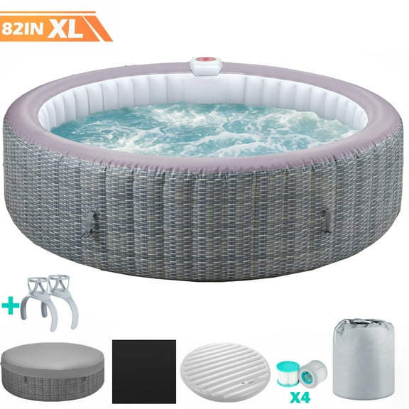 6-8 Person Portable Hot Tub w/Cup Holder, 82''Dia Inflatable Home Spa Tub with Hidden Machine, 130 Massage Jets, Rattan Pattern Hot Tub with Storage Bag Lockable Cover Floor Mat, 4 Filters, Max 104℉