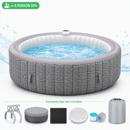 6-8 Person Portable Hot Tub w/Cup Holder, 82''Dia Inflatable Home Spa Tub with Hidden Machine, 130 Massage Jets, Rattan Pattern Hot Tub with Storage Bag Lockable Cover Floor Mat, 4 Filters, Max 104?