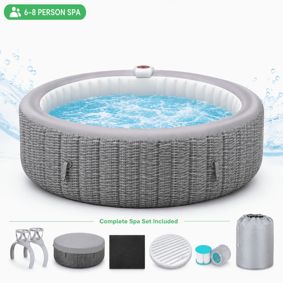 6-8 Person Portable Hot Tub w/Cup Holder, 82''Dia Inflatable Home Spa Tub with Hidden Machine, 130 Massage Jets, Rattan Pattern Hot Tub with Storage Bag Lockable Cover Floor Mat, 4 Filters, Max 104℉