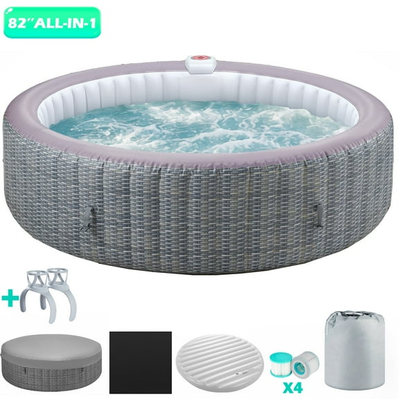 6-8 Person Portable Hot Tub w/Cup Holder, 82''Dia Inflatable Home Spa Tub with Hidden Machine, 130 Massage Jets, Rattan Pattern Hot Tub with Storage Bag Lockable Cover Floor Mat, 4 Filters, Max 104℉