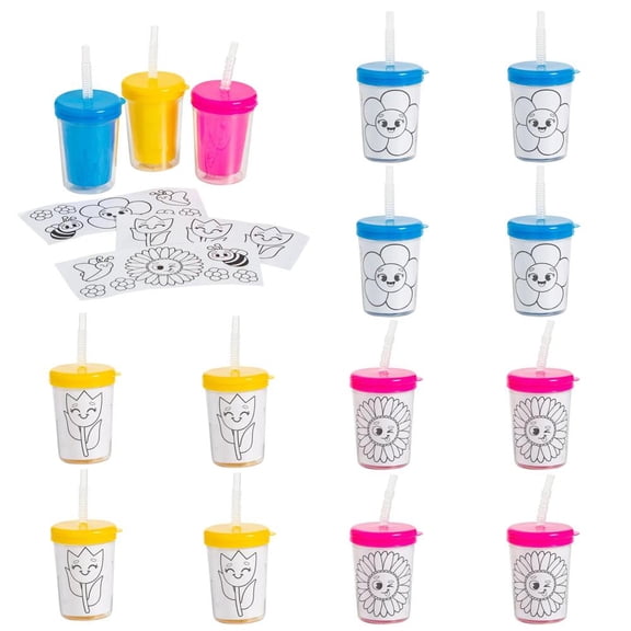 Fun Express 6 oz. Garden Gang Color Your Own Plastic Cups with Lids & Straws - 12 Pc.