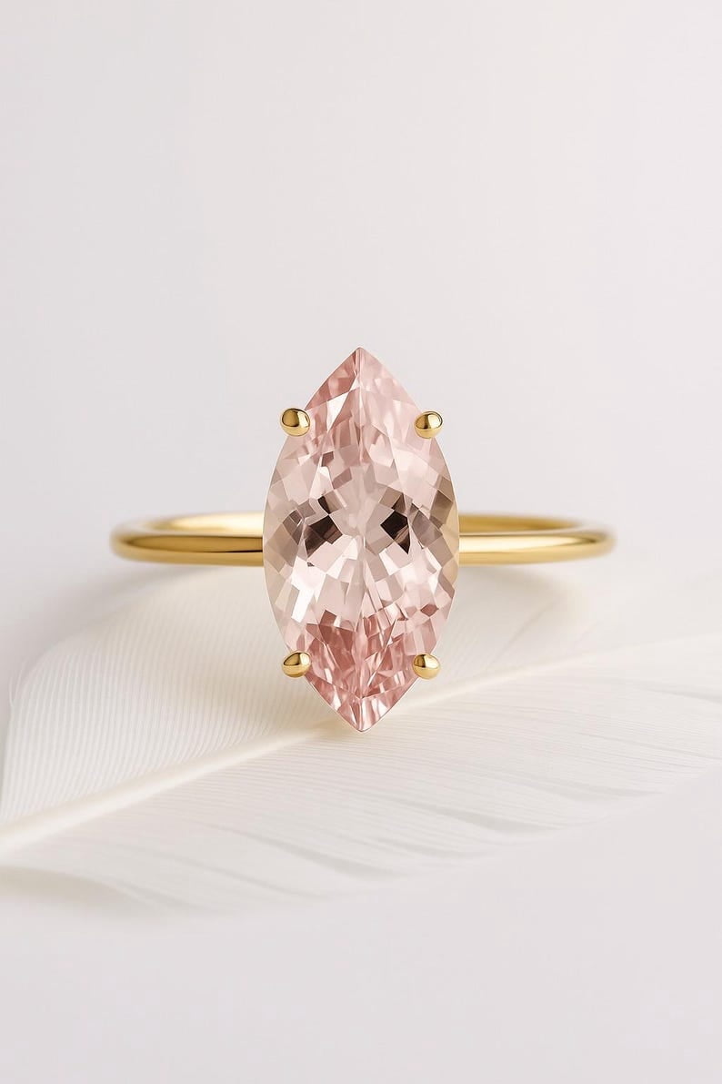 6*8 mm Marquise Cut Morganite Ring, 925 Silver Rose Gold  Solitaire Ring for Women, Wedding Engagement Jewellery, Dainty Fine Ring Anniversary Gift
