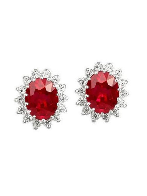 6.80 CT Red Ruby with Diamonds Stud Halo Earrings, 14K White Gold