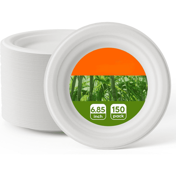 6.85 Inch Compostable Dessert Paper Plates, 150 Pack Disposable Biodegradable Heavy Duty Eco-friendly Sugarcane Bagasse Halloween Plates for Party