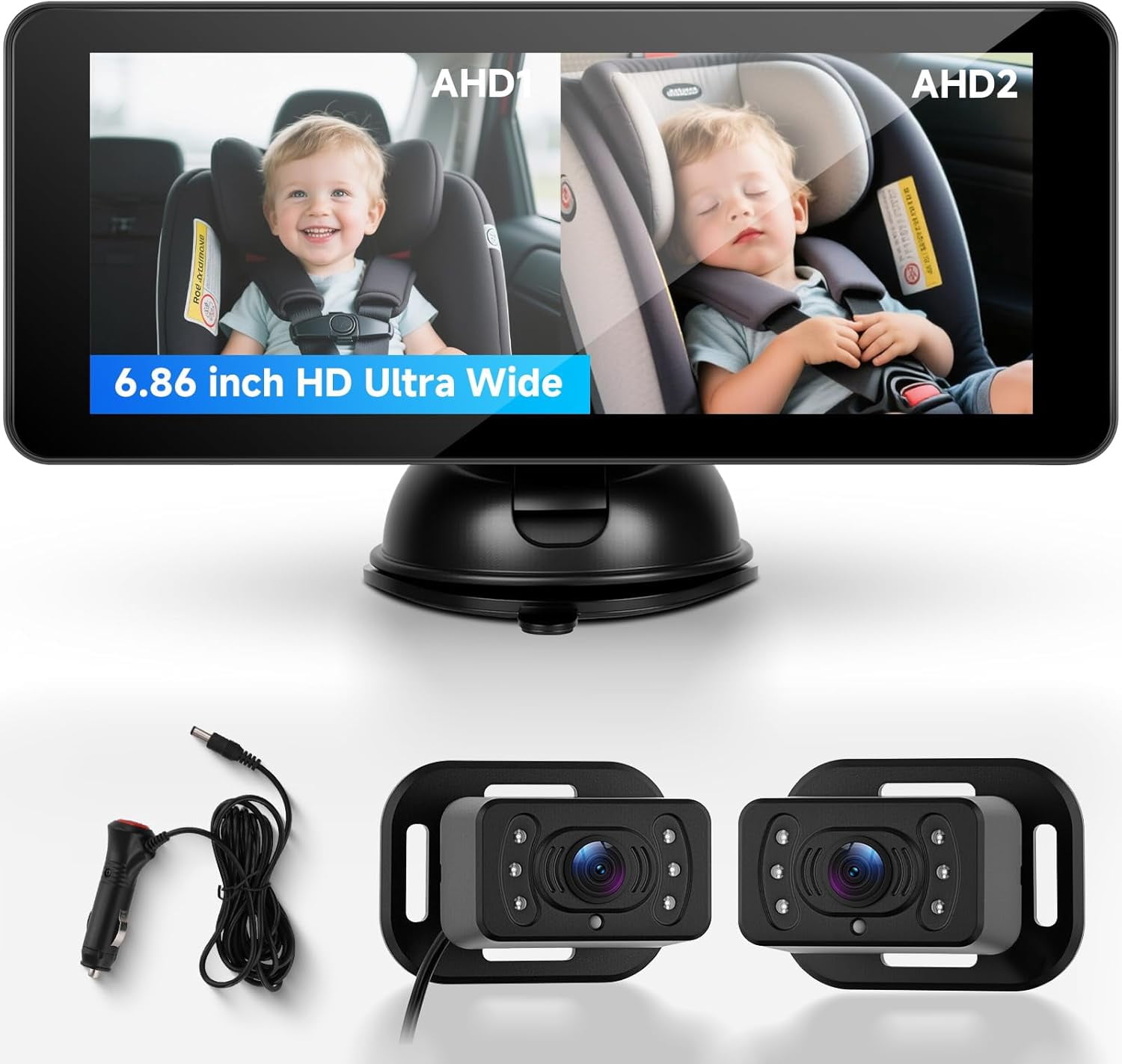 6.86'' Baby Car Camera for Seat HD Bual Rear Facing for Baby, Car Camera for Baby Night Vision Wide View Angle Reusable Sucker Bracket, Easy Install 360° Adjustable