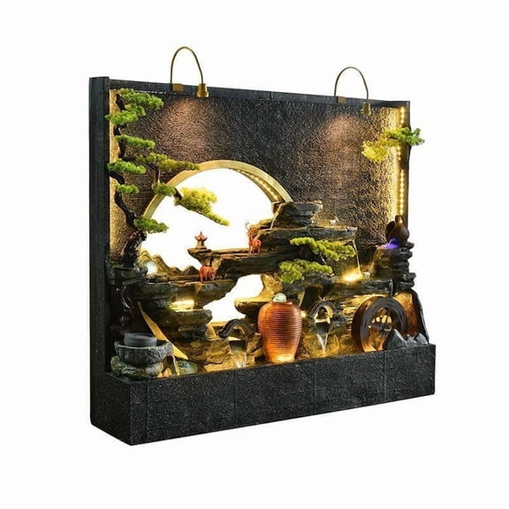 6.86 Feet Deluxe Fountain - with Fish Pond, Landscape, LED Lights, Smoke Machine and Crystal Beads, Floor-to-Ceiling Decorative Fountain for Villa, Patio, Garden