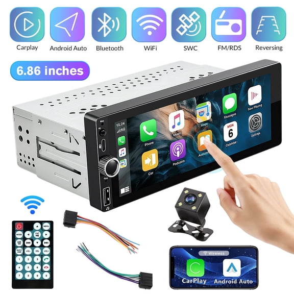 Kepeak 6.86 inch Single Din MP5 Car Radio, Wireless CarPlay Android Auto, Bluetooth 5.0, Backup Camera