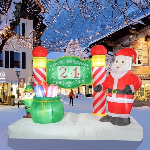 6.89 FT Christmas Inflatable Outdoor Decoration, Santa and Elf Inflatables Blow Up with Countdown Days’ til Christmas Sign Built-in LED Lights for Yard Lawn Garden Party Decor