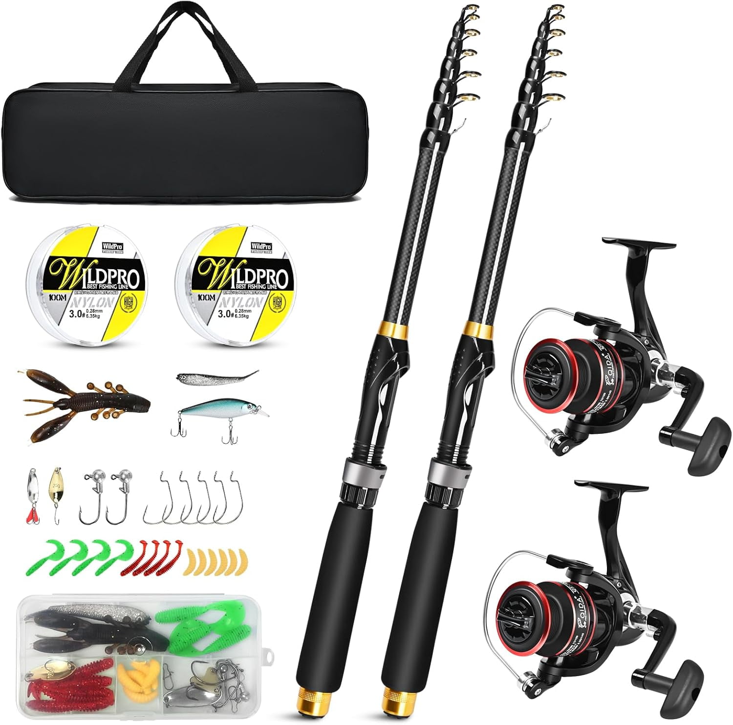 6.89ft Fishing Rod and Reel Combo, 2PCS Telescopic Carbon Fiber Fishing Rod,  Spinning Reels *2, Fishing Line *2, Fishing Hooks Bait Set, Portable Fishing  Pole Set with Carrier Bag - Walmart.com