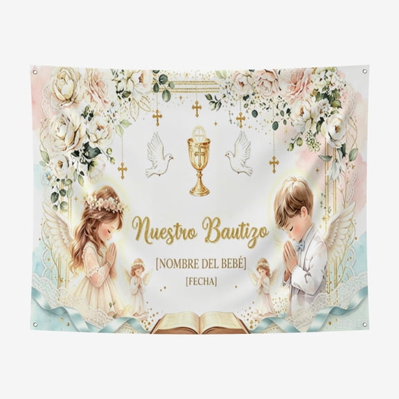 6*8FT Custom Nuestro Bautizo Baptism Backdrop for Boy and Girl Siblings White Floral First Holy Communion Banner God Bless Christening Party Photography Background Banner Sign Photo Boot