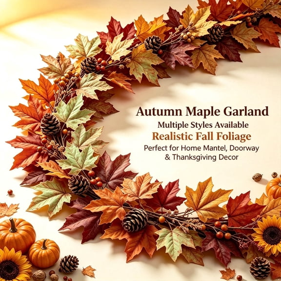 6.8Ft Bendable Fall Leaf Garland with Flexible Wire Stems, Realistic Autumn Foliage Vine for Door Frame, Porch, Mantel & Shelf Layout, Outdoor Weatherproof Thanksgiving Harvest Decoration