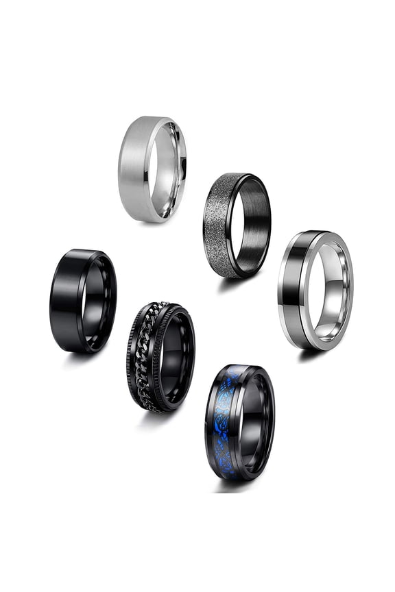 6/8mm 6pcs Ring for Men Wide Wedding Promise Band Ring Set - Relieving Stress Anxiety Ring Set Size 7-13