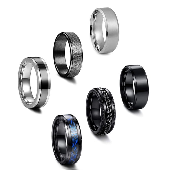 6/8mm 6pcs Ring for Men Wide Wedding Promise Band Ring Set - Relieving Stress Anxiety Ring Set Size 7-13