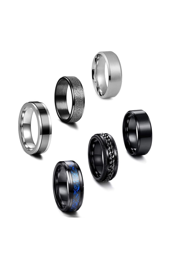 6/8mm 6pcs Ring for Men Wide Wedding Promise Band Ring Set - Relieving Stress Anxiety Ring Set Size 7-13