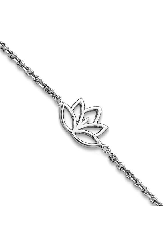 6.8mm 925 Sterling Silver Rhodium Plated Lotus Flower With .5 In Extension Bracelet 6.5 Inch Link Bracelet for Women