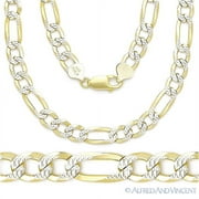 6.8mm Figaro / Figaroa D-Cut Pave Link Italian Chain Necklace in .925 Sterling Silver w/ 14k Yellow Gold