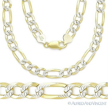 6.8mm Figaro / Figaroa D-Cut Pave Link Italian Chain Necklace in .925 Sterling Silver w/ 14k Yellow Gold