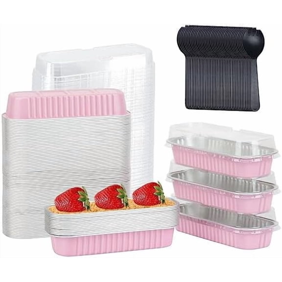 6.8oz Mini Loaf Pans with Lids 100 Pack, Rectangle Aluminum Pans Mini Cake Tins,Disposable Baking Pan Small Cake Containers for Brownie Bread Cheesecake-Pink