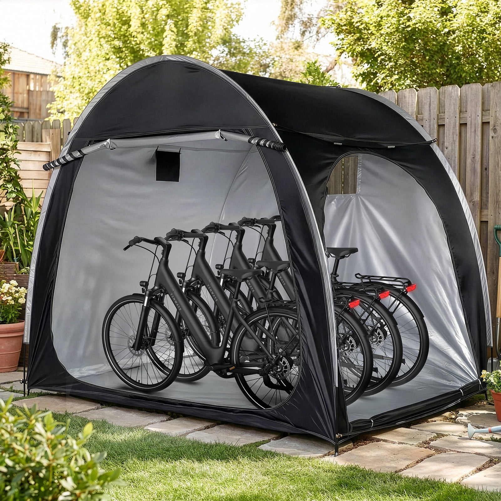 6.8x4.9FT Arc Bicycle Storage Shed, 210D PU Silver Coated Oxford, Black Fiberglass Frame, Front&Side Double Doors, Inner Storage Bag & Carry Bag, Black