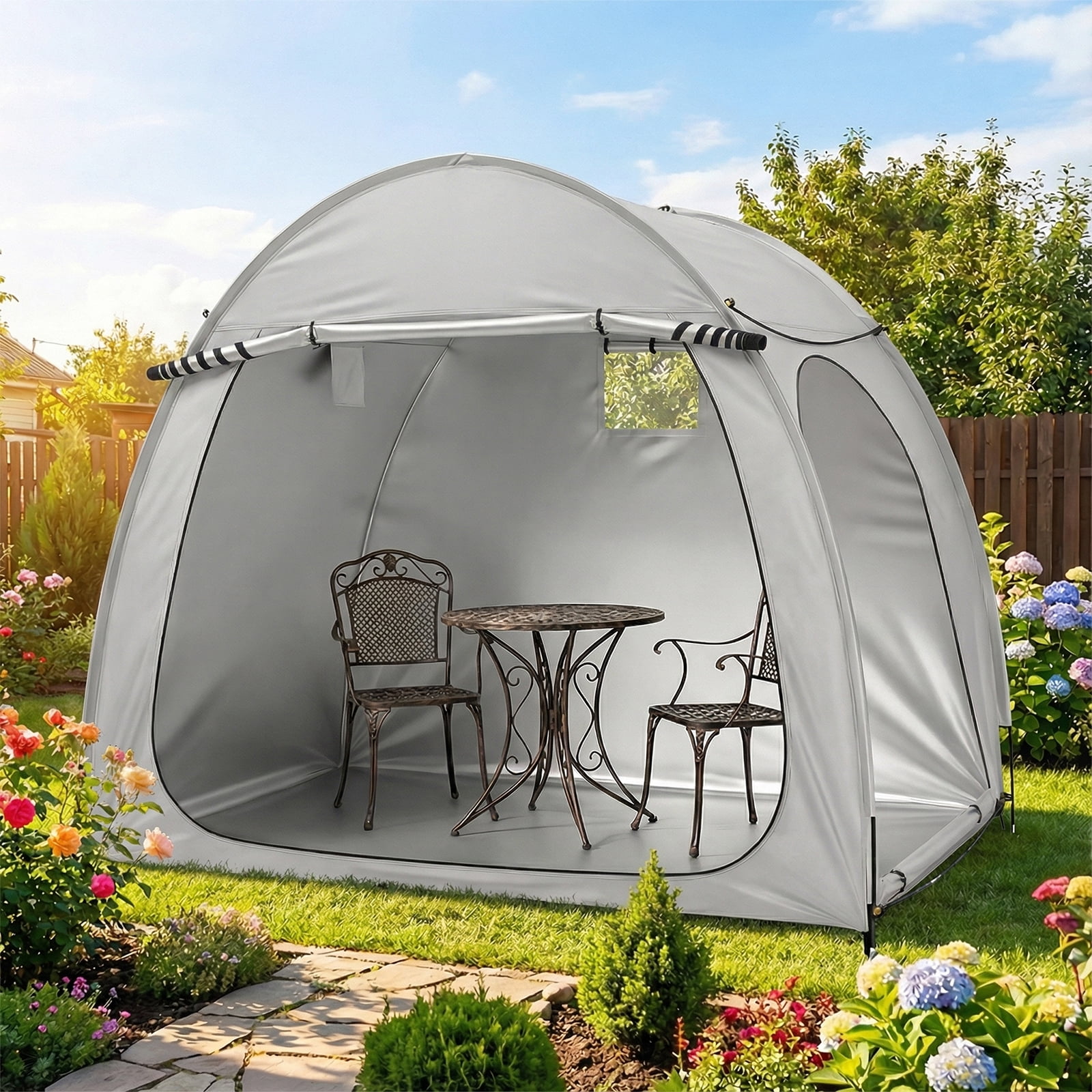 6.8x4.9FT Arched Bicycle Storage Shed, 210D PU Silver Coated Oxford, Black Fiberglass Rod Frame, Front&Side Dual Doors, Inner Storage Bag & Portable Carry Bag, Light Gray