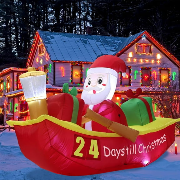 6.9 FT Christmas Inflatable GGiant Santa Claus Rowing Boat with Navigation Light Countdown to Christmas Outdoor Lighted Decoration for Yard Lawn Porch