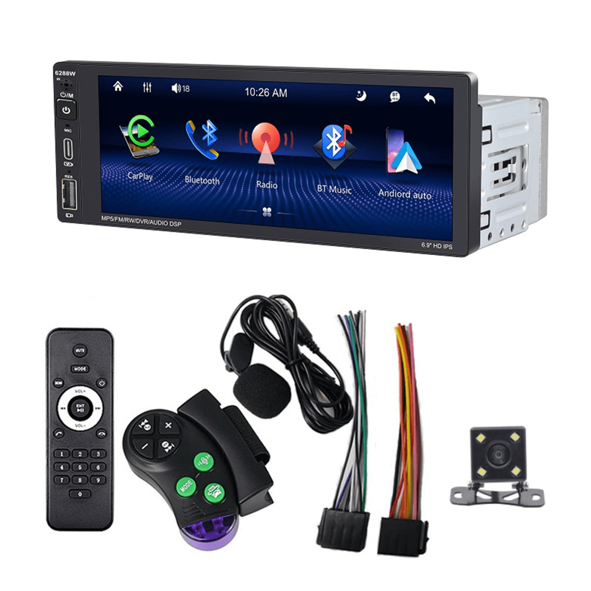 Hodozzy 1 Din autoradio met scherm draadloze Carplay en Android Auto, Mirror Link EQ Din 1