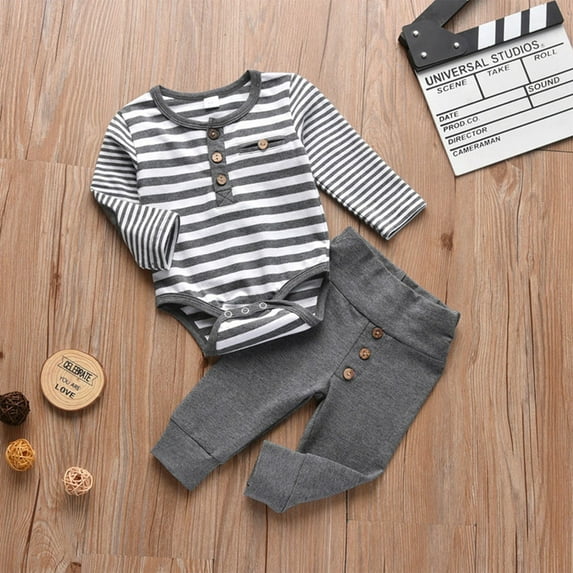 6-9 Months Newborn Baby Boy Clothes Romper Jumpsuits 2Pcs Clothing Set Cute Infant Outfit Gray