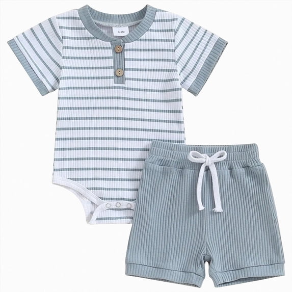 6-9 Months Newborn Baby Boy Summer Clothes Button Short Sleeve Romper Bodysuit Shorts Set Toddler Soft Outfit Blue