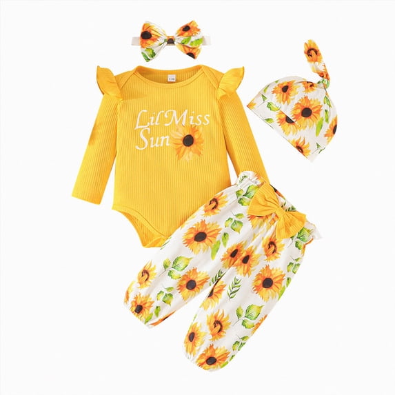 6-9 Months Newborn Bodysuit Romper Baby Girls Set Cute Cartoon Print Top Pants Hairband Hat Set Jumpsuit Long Sleeve Bodysuit Cute Newborn Clothes,Yellow Jumpsuit One-Piece Jumpsuit