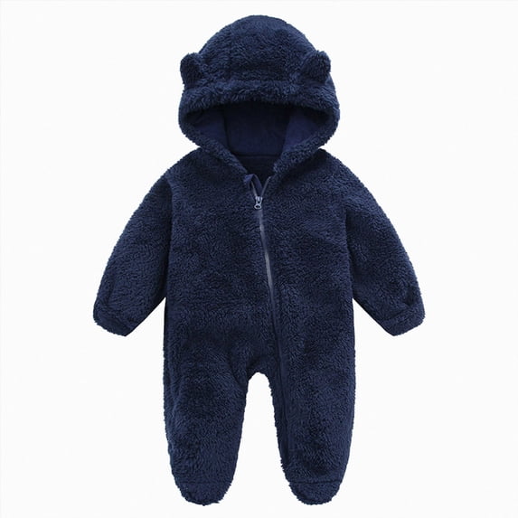 6-9 Months Newborn One-Piece Jumpsuit Newborn Infant Baby Girl Boy Cute Solid Long Sleeves Cartoon Ear Fleece Footed Hooded Zipper Romper Warm Jumpsuit Outfits Navy Newborn Gift
