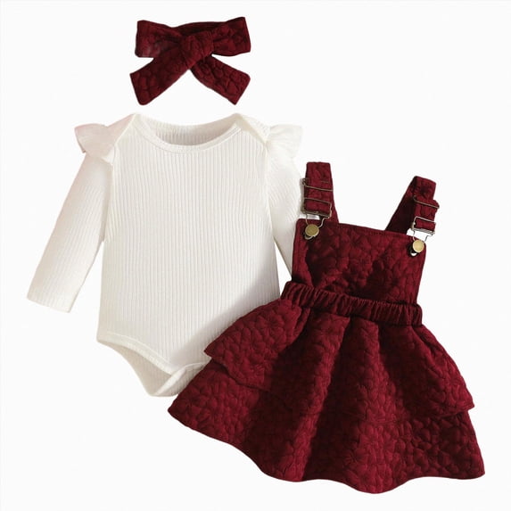 6-9 Months Newborn Preemie Sleeping Pajamas Baby Girl Ribbed Tops Heart Bow Suspender Skirt With Headband Sets Red Bodysuit Baby Fall Winter Clothing Gift