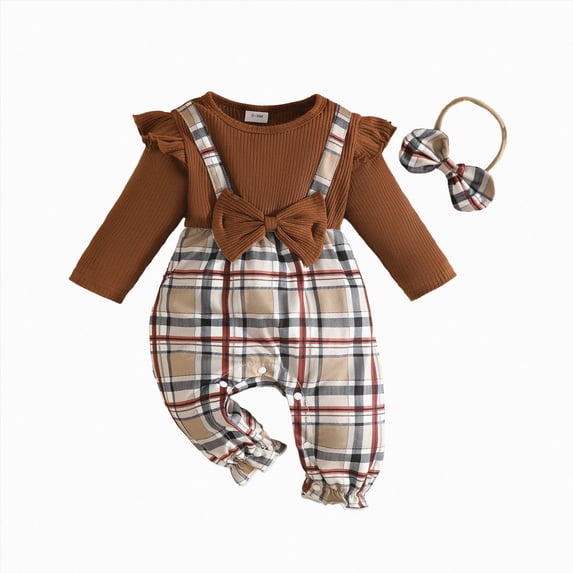 6-9 Months Newborn Preemie Sleeping Pajamas Baby Girls Long Sleeved Bodysuits Checkered Bodysuits Pajamas Rompers Home Clothes Brown Rompers Baby Fall Winter Clothing Gift