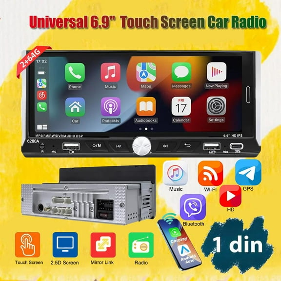 6.9'' Touch Screen 1Din Universal Car Radio Wireless Carplay Android Auto Smart Multimedia Player Wifi Navigation GPS FM Stereo