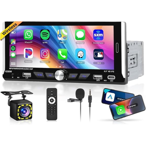 6.9-inch Single Din  Stereo  ,1280X480P IPS Touch Screen  Radio,5.0Bluetooth Audio,Night Vision Backup Camera,Mirror Link,EQ,GPS,Type-C/,SWC,7-Color Backlight,Mic,