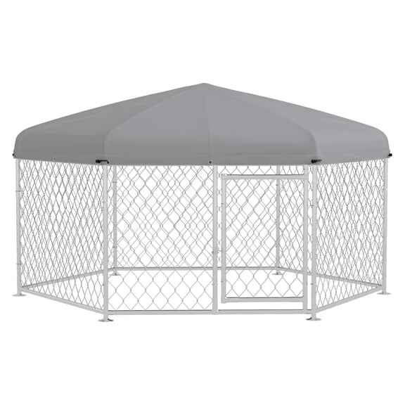 6.9' x 6.1' x 4.9' Dog Kennel Outdoor Dog Run with Waterproof, UV Resistant Roof, Lockable Door, for Medium and Large-Sized Dogs, Silver